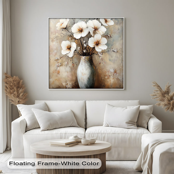 Vintage Bloom Still Life – White Flowers in Vase Canvas Print