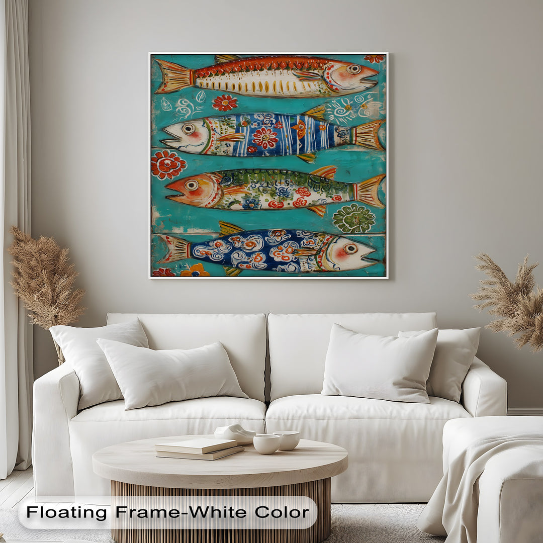 Featuring a compelling layering effect, this colorful folk fish canvas print presents premium canvas decor with floral patterns on a vibrant turquoise backdrop.