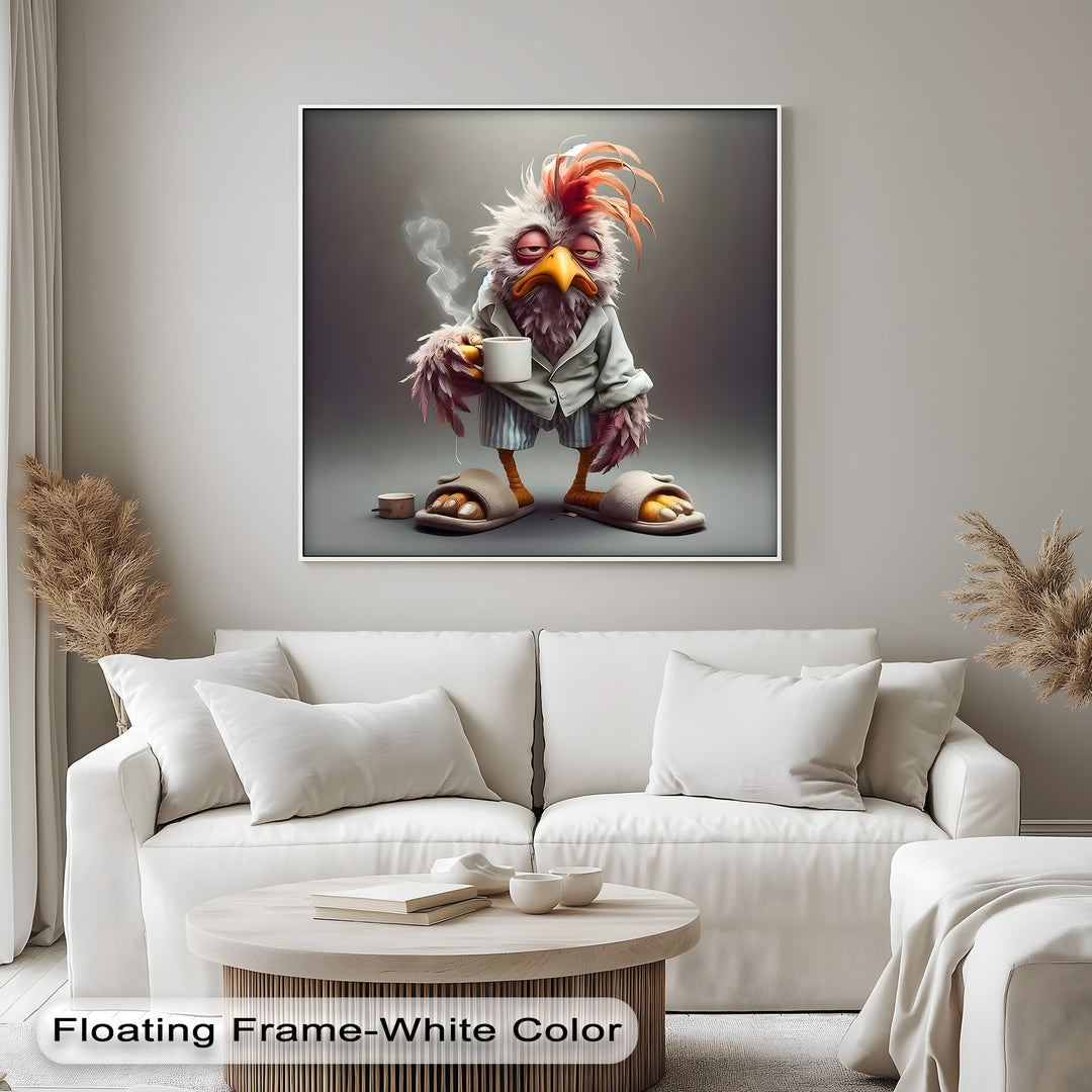 The visual rhythm of this 'Morning Grump Bird' canvas artwork is established by the recurring elements of the bird's ruffled feathers and coffee steam.