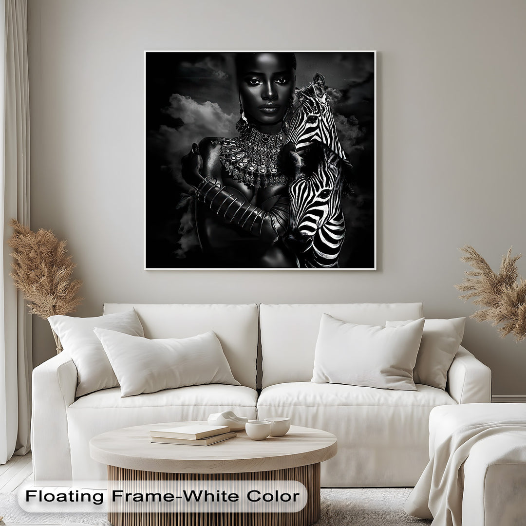 The abstract quality of this monochrome canvas wall art highlights the elegant portrait of a woman embracing a majestic zebra.