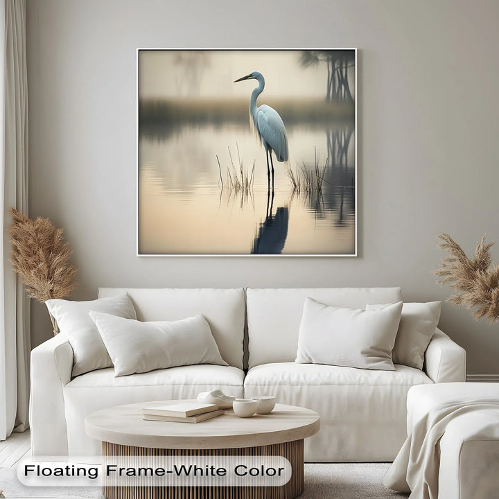 Misty Morning Heron – Serene Lakeside Reflection Canvas Print - MyPhotoStation