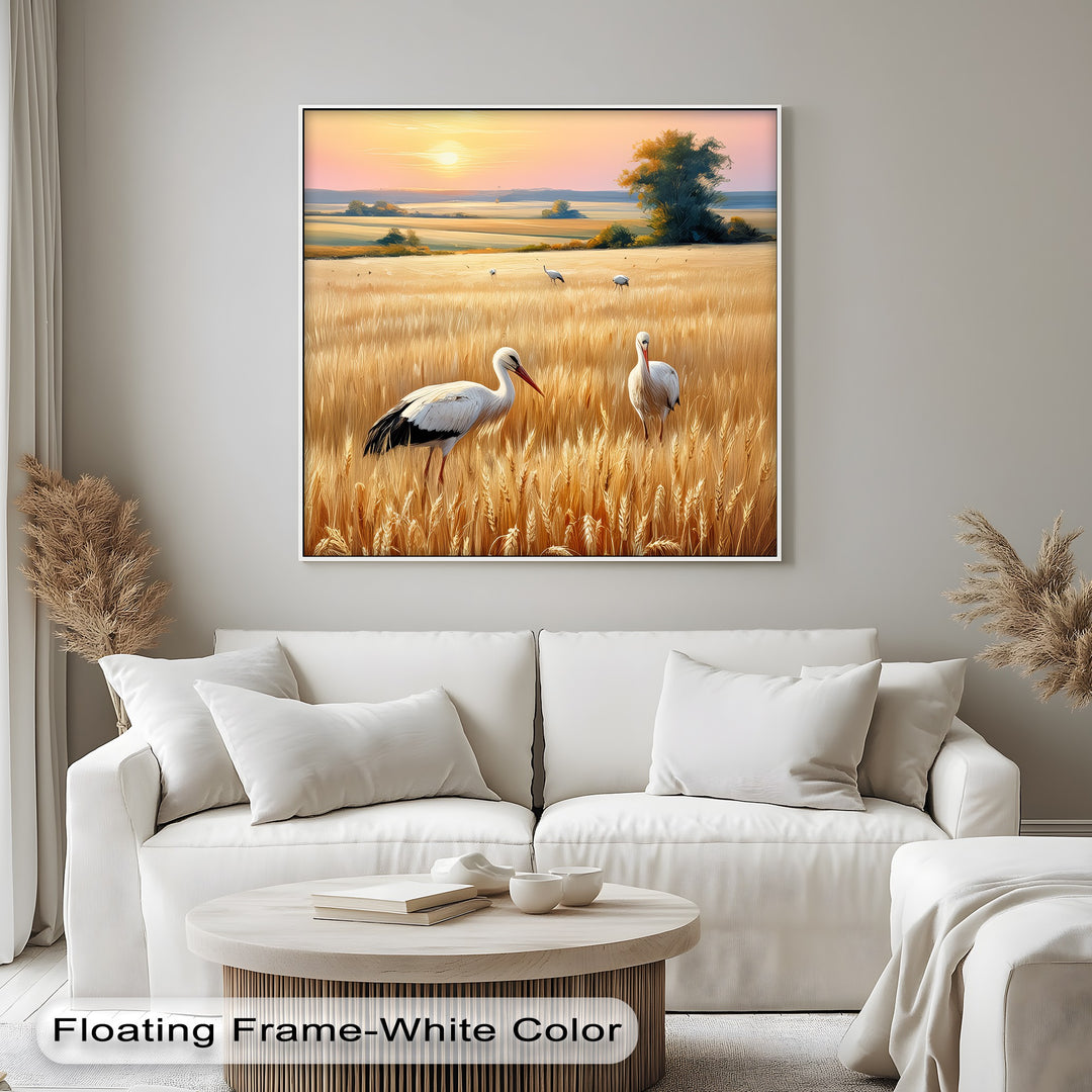 Golden Fields at Dusk – Stork Landscape Canvas Print