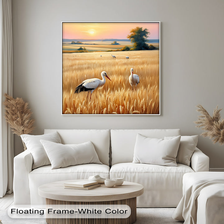Golden Fields at Dusk – Stork Landscape Canvas Print