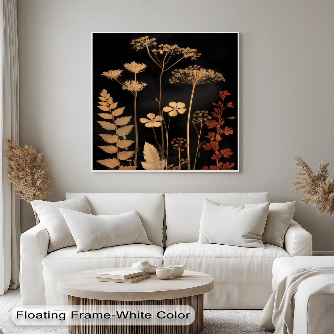 Bold color contrast defines this high quality canvas prints artwork, an elegant botanical silhouette canvas print with dark floral stems against a stark black backdrop.