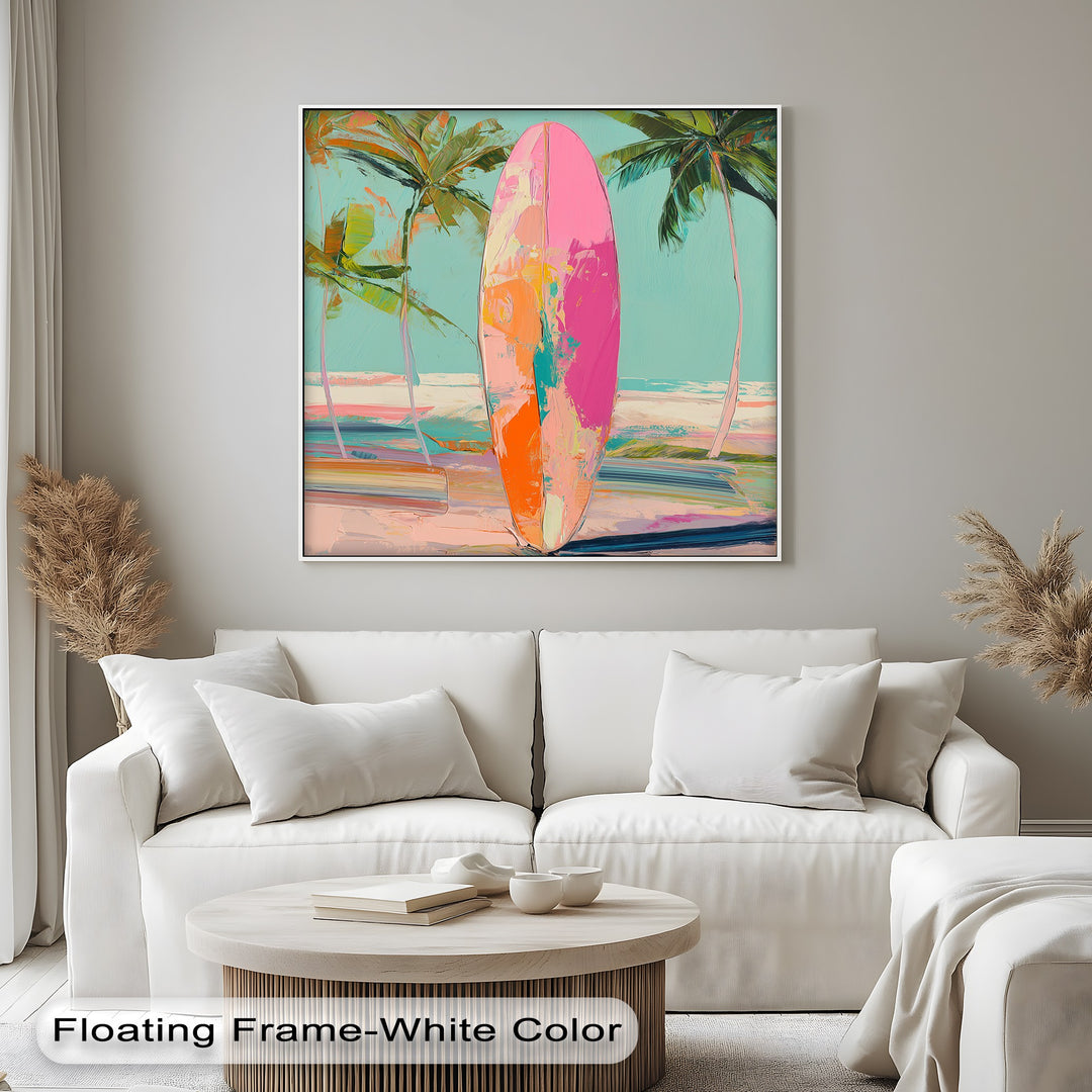 Sunset Ride – Vibrant Surfboard Beach Scene Canvas Print