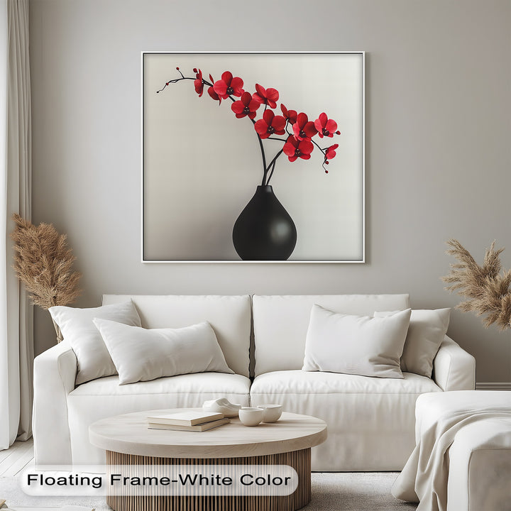 Minimalist Red Orchids in Black Vase – Contemporary Floral Canvas Print