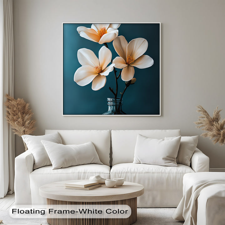 White Magnolia Trio in Teal – Elegant Floral Canvas Prints