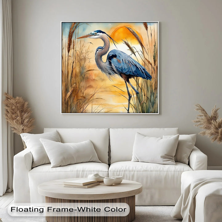 Majestic Blue Heron at Sunset – Serene Waterscape Canvas Print - MyPhotoStation