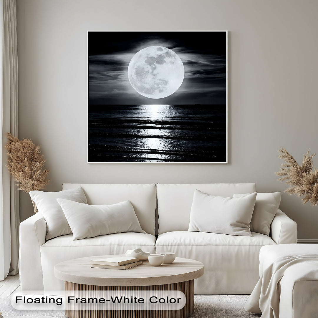 A glowing full moon casts a shimmering reflection across the dark ocean in one of the best canvas prints for moonlit seascape art.