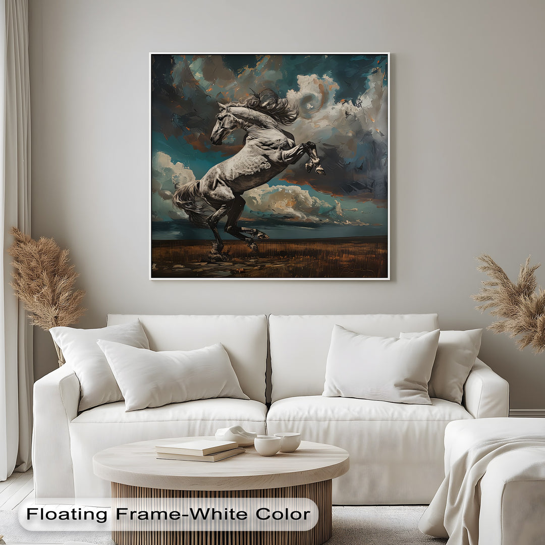 White Stallion Rearing Under a Turbulent Sky - Horse Canvas Print