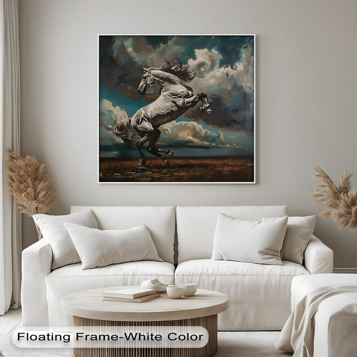 White Stallion Rearing Under a Turbulent Sky - Horse Canvas Print