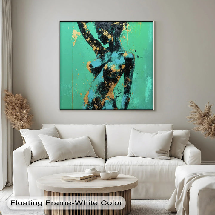 Golden Muse – Teal and Gold Abstract Nude Canvas Print - MyPhotoStation