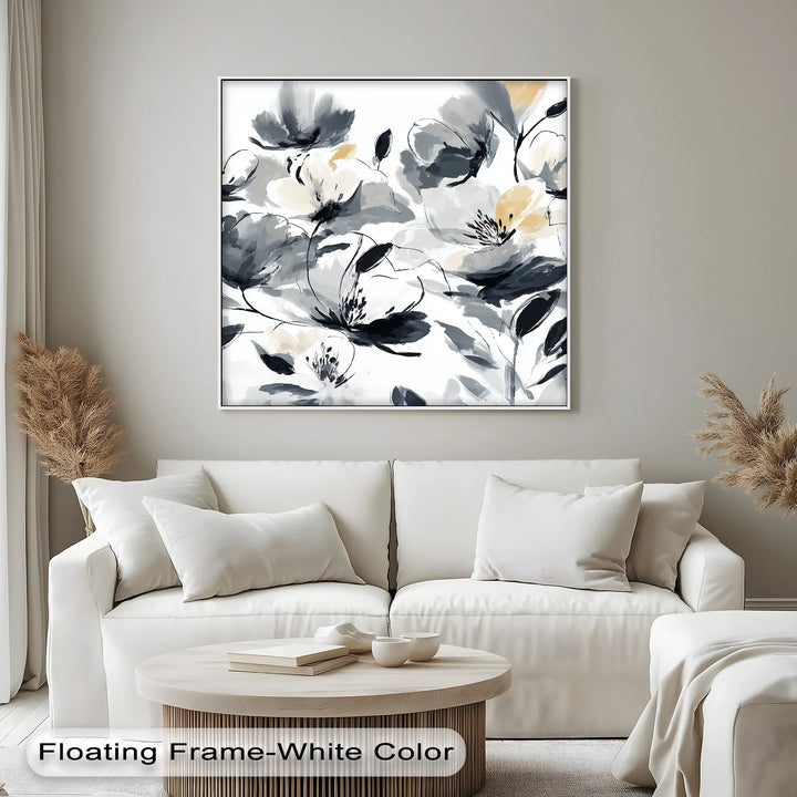 Monochrome Elegance – Black and Ivory Abstract Floral Canvas Print - MyPhotoStation
