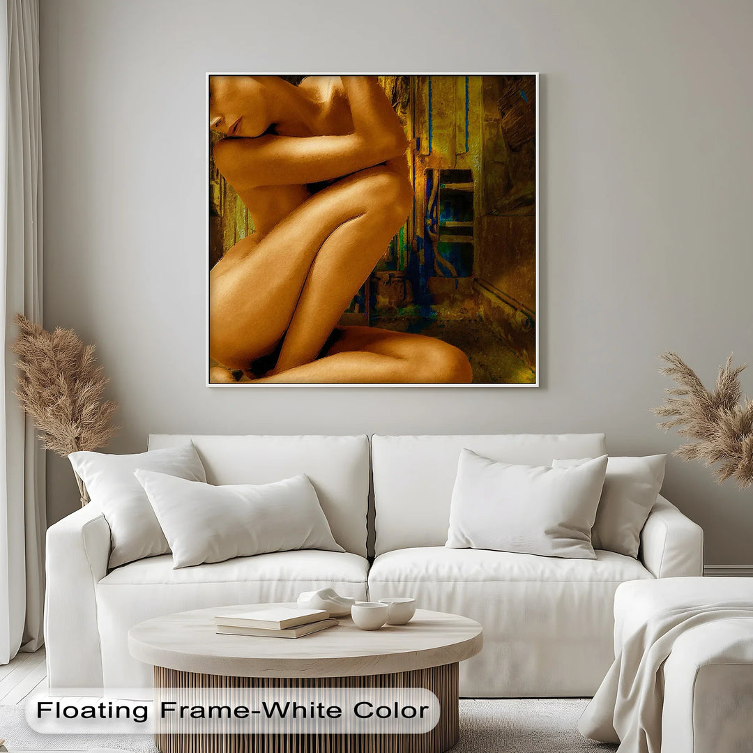 Golden Solitude – Abstract Nude Woman in Crouched Pose Canvas Print - MyPhotoStation
