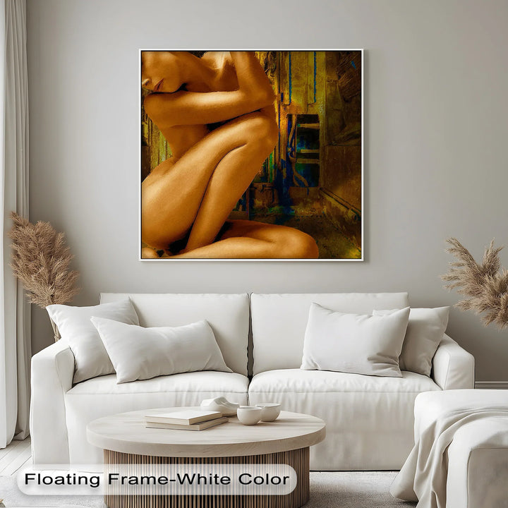Golden Solitude – Abstract Nude Woman in Crouched Pose Canvas Print - MyPhotoStation