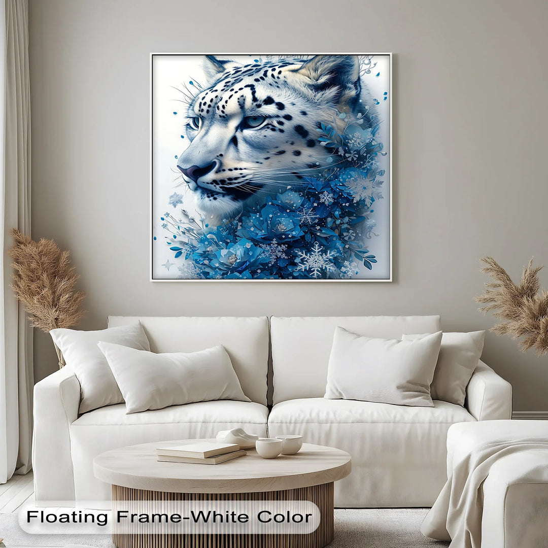 Snow Leopard in Blue Florals – Majestic Winter Wildlife Blue Canvas Prints - MyPhotoStation