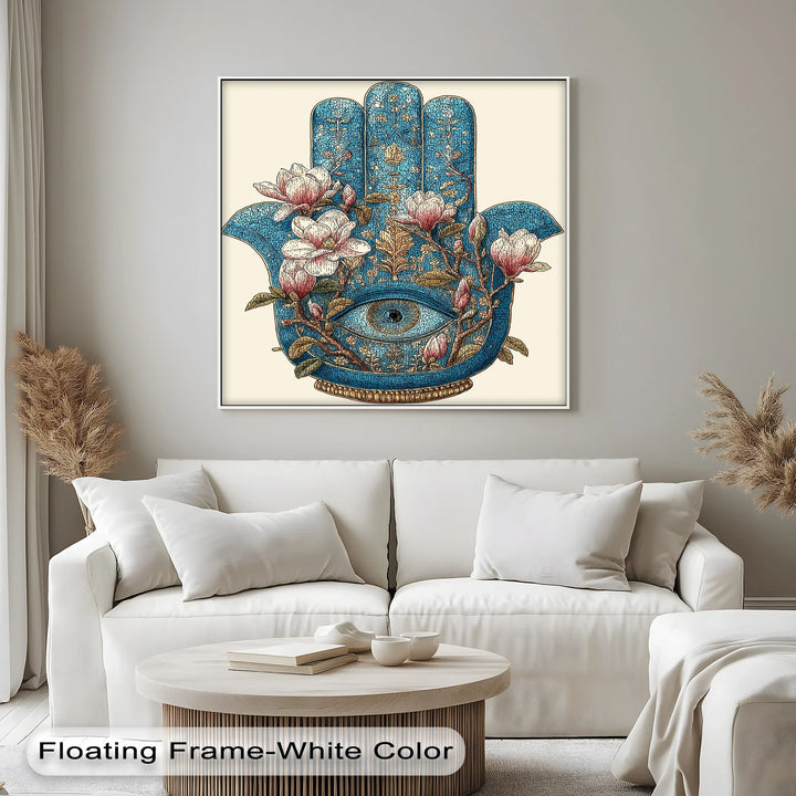 Sacred Hamsa Bloom – Blue Floral Hand with Eye Canvas Print - MyPhotoStation