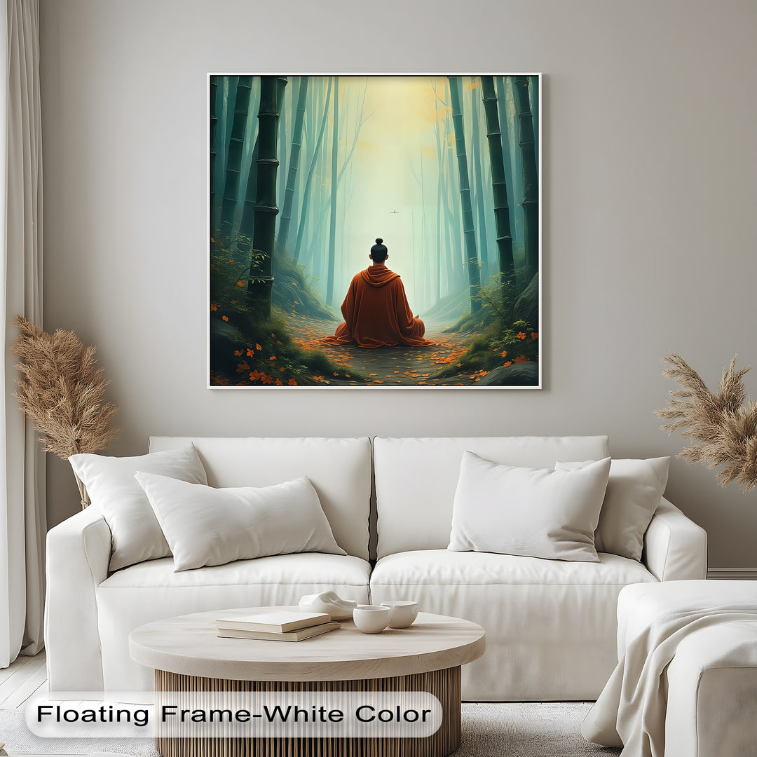 Zen Serenity – Monk in Bamboo Forest Canvas Wall Art | Framed Artwork