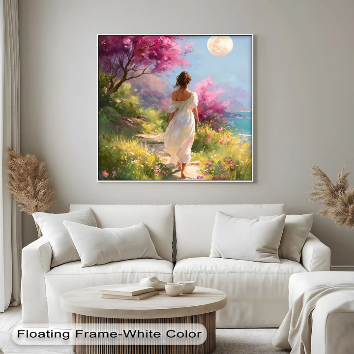 Moonlit Garden Stroll – Romantic Woman in Blossoming Landscape Canvas Print - MyPhotoStation