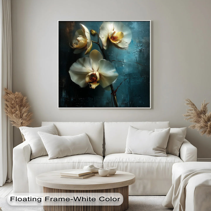 White Orchids in Golden Glow – Elegant Botanical Canvas Print - MyPhotoStation