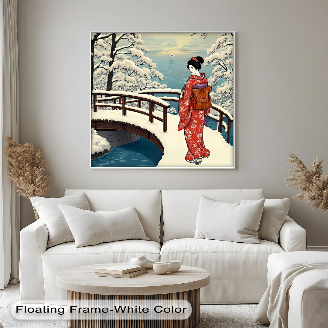 Snowy Bridge Serenity – Japanese Geisha Winter Canvas Print | Framed Art
