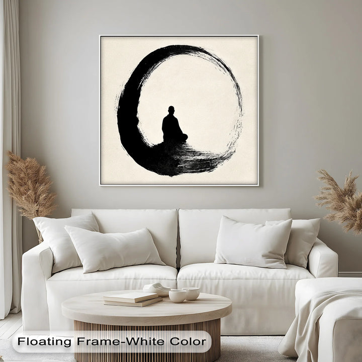 Zen Circle with Meditating Figure – Minimalist Japanese Ink Canvas Print - MyPhotoStation