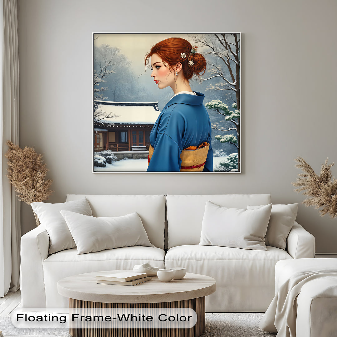 Winter Serenity – Japanese Woman in Blue Kimono Canvas Print | Framed Art