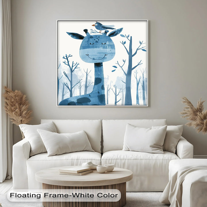 Whimsical Giraffe & Bird in Blue Forest – Kids Animal Blue Canvas Prints - MyPhotoStation