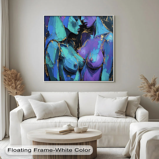 Highlighting the layering effect, the high quality canvas prints showcase the bold blue and violet hues of the electric intimacy female figure art.