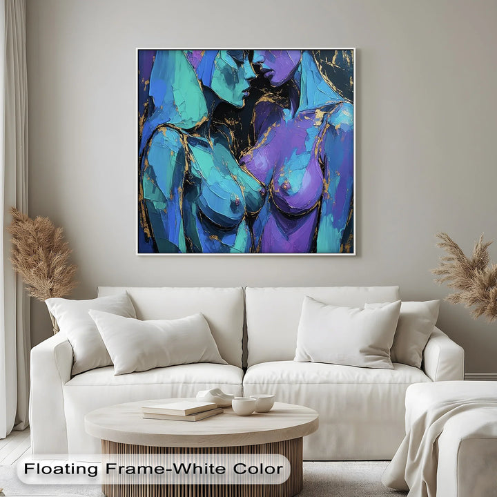 Electric Intimacy – Dual Female Figures in Blue and Violet Canvas Print - MyPhotoStation