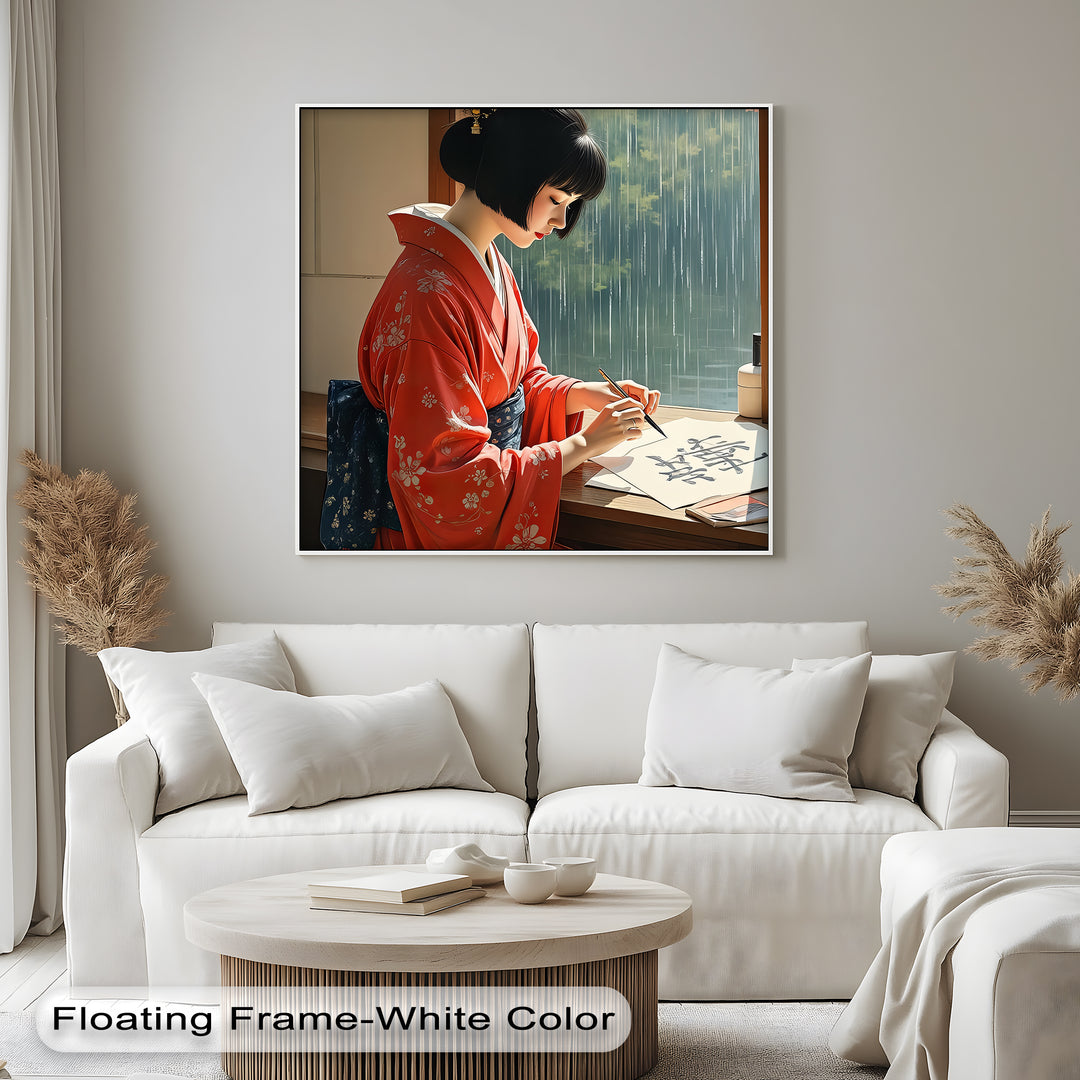 Graceful Serenity – Japanese Woman in Kimono Canvas Wall Art | Framed Art