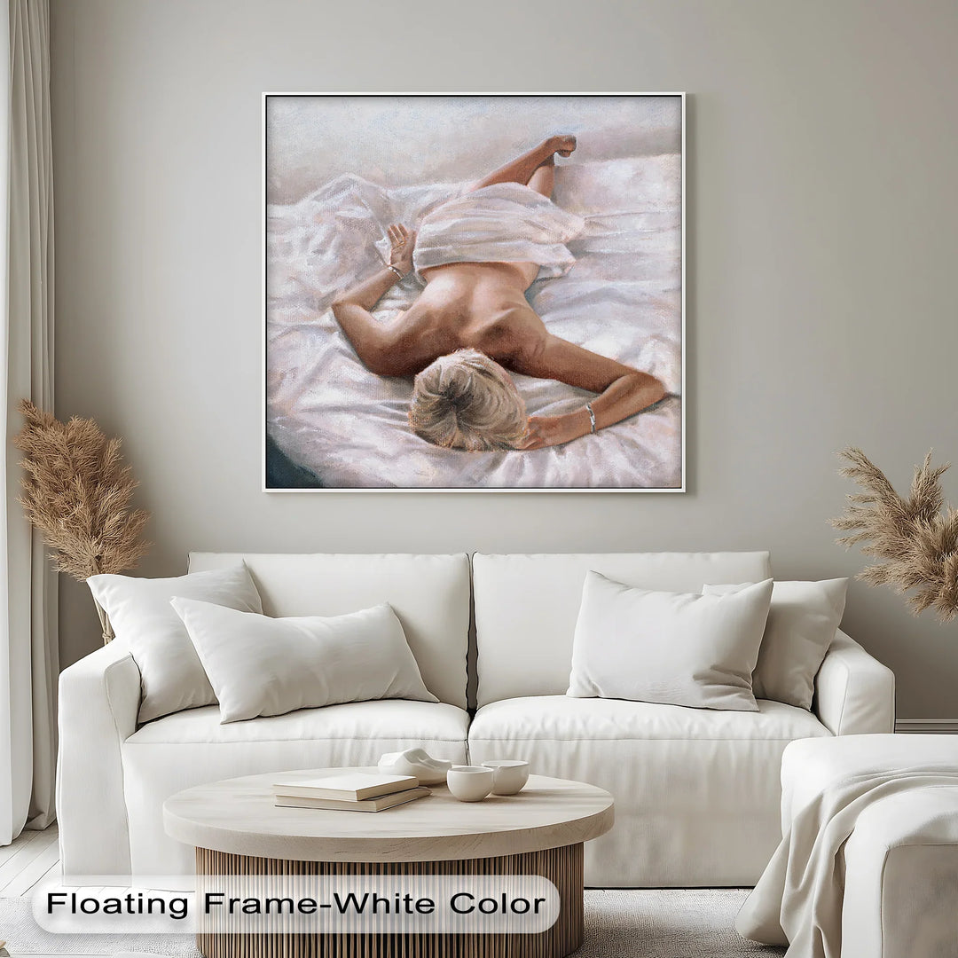 Quiet Morning – Reclining Nude on White Sheets Canvas Print - MyPhotoStation