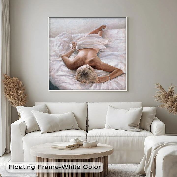 Quiet Morning – Reclining Nude on White Sheets Canvas Print - MyPhotoStation