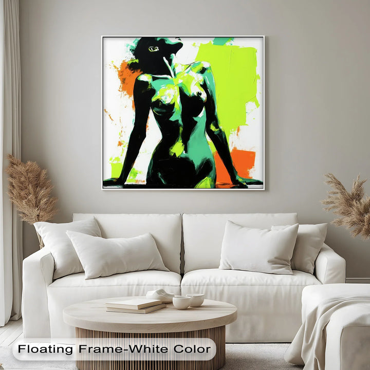Electric Confidence – Neon Green and Black Abstract Nude Canvas Print - MyPhotoStation