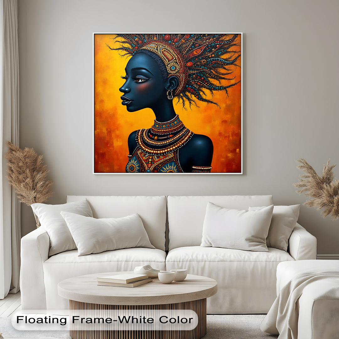 Regal African Queen – Beaded Tribal Portrait Canvas Wall Art | Framed Art