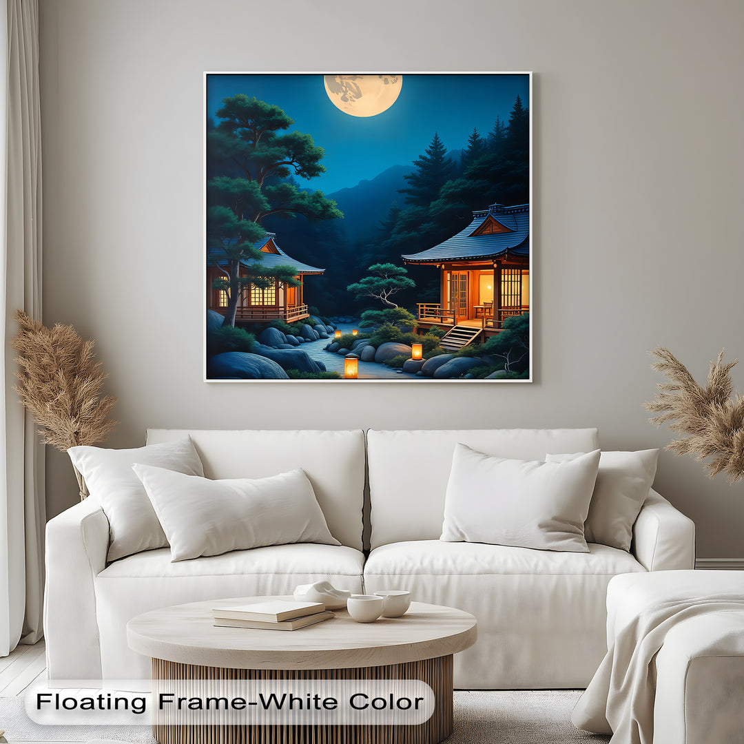 Moonlit Serenity – Japanese Zen Temple Canvas Wall Art | Framed Art