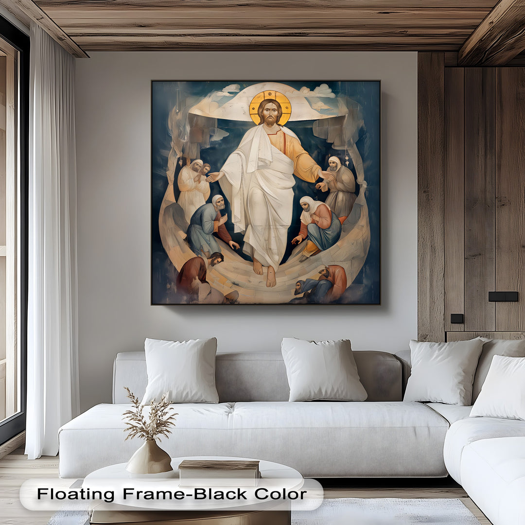 Organic forms define the flowing robes and celestial clouds in this Resurrection of Christ canvas art, a striking Christian Religious Wall Art.