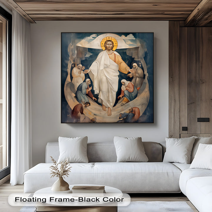 Organic forms define the flowing robes and celestial clouds in this Resurrection of Christ canvas art, a striking Christian Religious Wall Art.