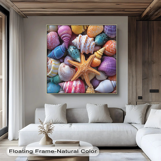 This playful canvas wall art brings seaside charm with every shell and swirl.


