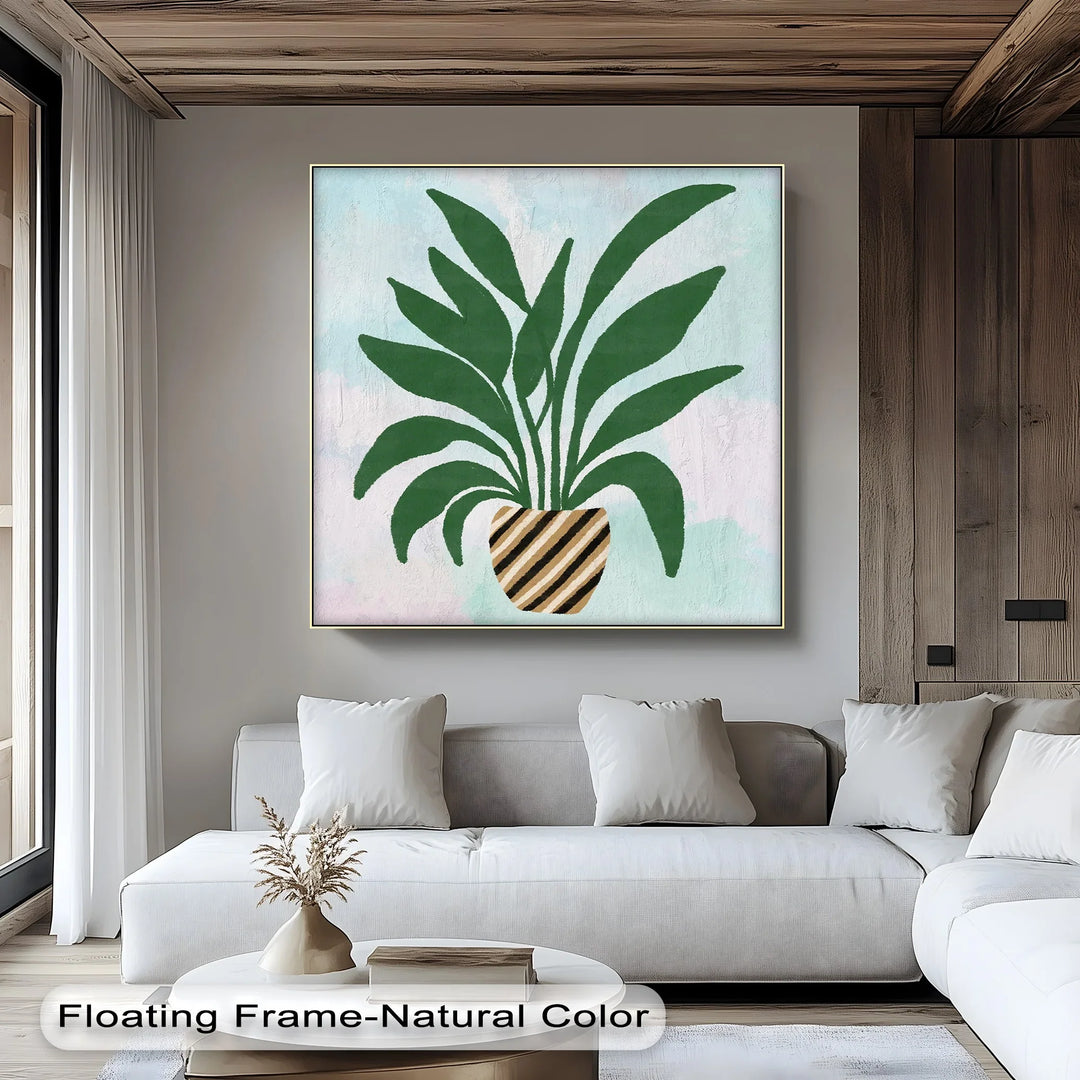 Striped Planter Botanical Art – Minimalist Green Leaf Canvas Print - MyPhotoStation