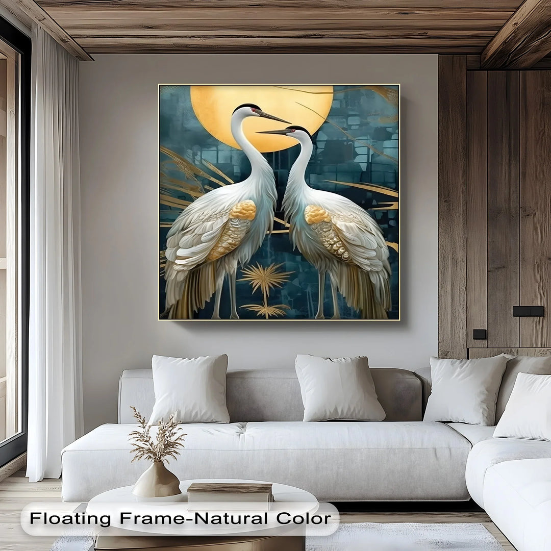 Moonlit Elegance – Golden Cranes Under Full Moon Canvas Print - MyPhotoStation