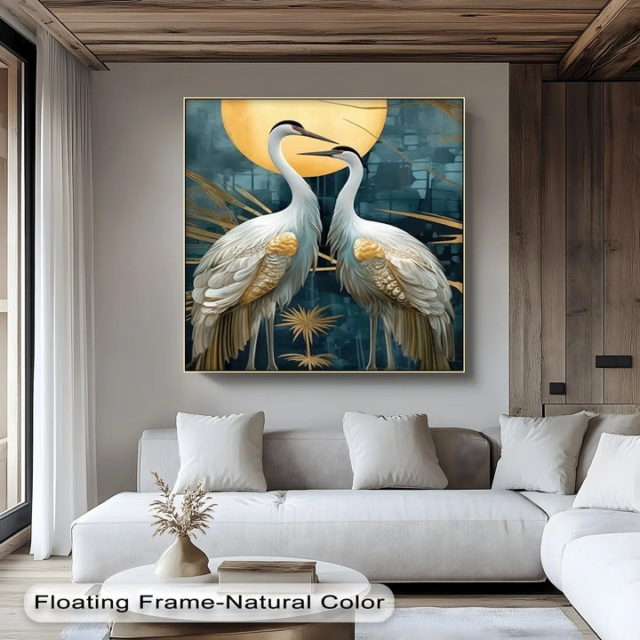 Moonlit Elegance – Golden Cranes Under Full Moon Canvas Print - MyPhotoStation