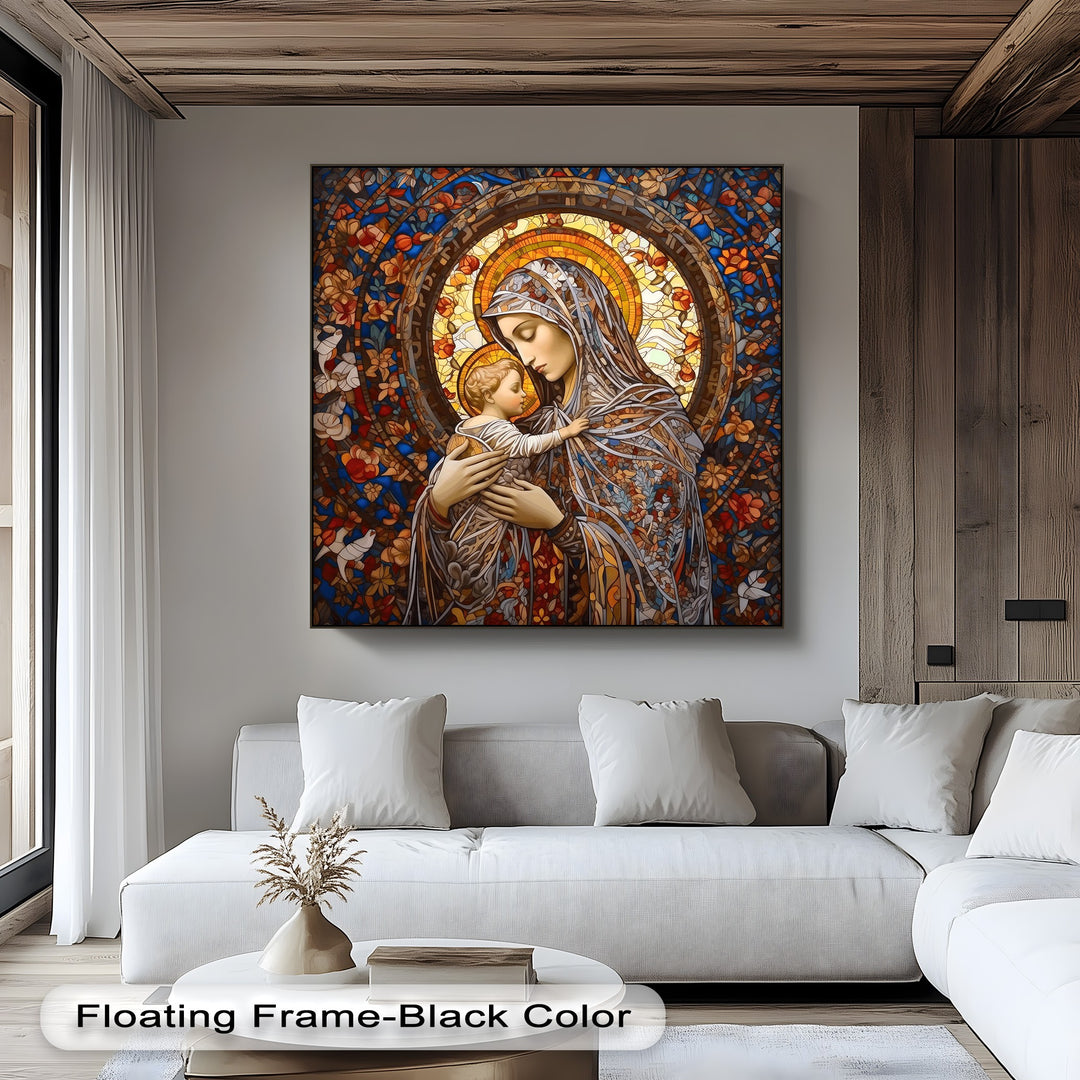 The flowing lines and patterns of the Stained Glass Madonna canvas print create a dynamic sense of movement, making it one of the best canvas prints.