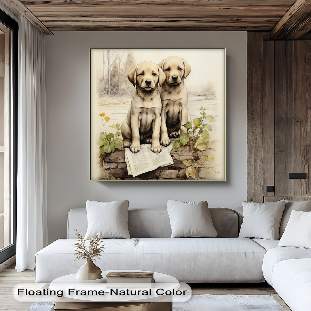 Stone Wall Puppies – Vintage Nature Scene Puppies Canvas Print