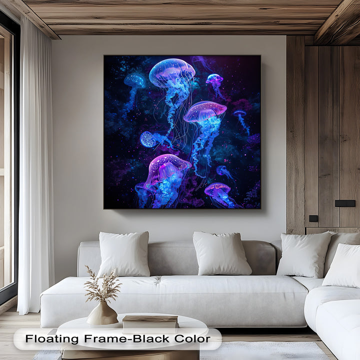 The focal point is a mesmerizing collection of radiant neon jellyfish, presented as stunning canvas artwork, glowing vividly in shades of blue and purple.