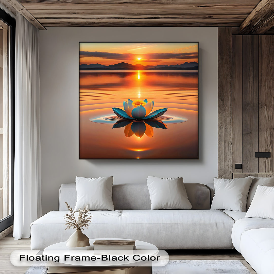With striking color saturation, this framed canvas captures a radiant sunset reflecting on calm waters, featuring a vibrant blue lotus.