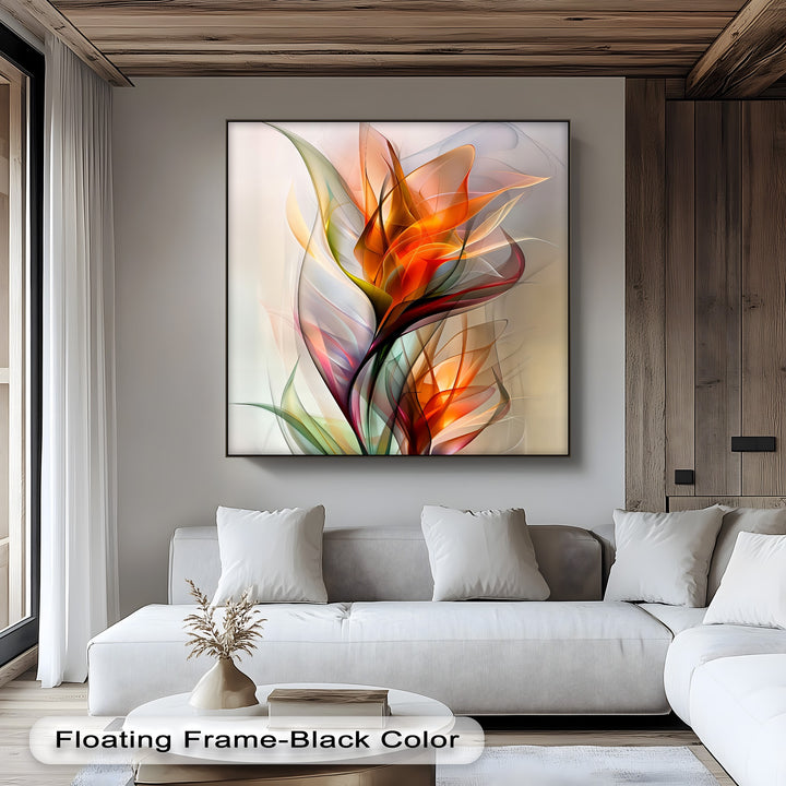 A distinct black floating frame outlines the edges of the abstract floral canvas wall decor, showcasing the vibrant modern botanical art.