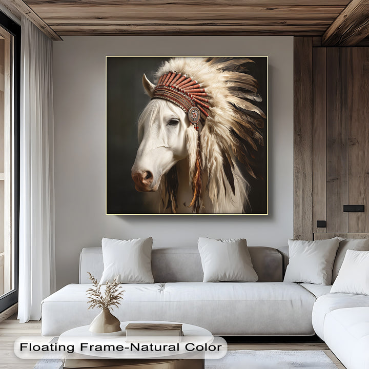 White Horse with Feathered Headdress - Horse Canvas Print
