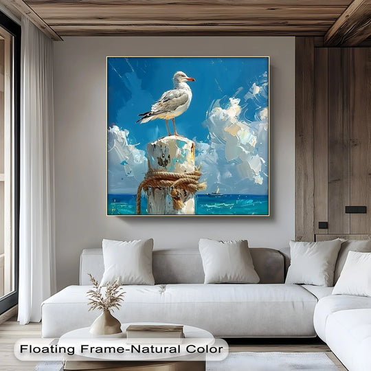 Intertwined rope and swirling clouds create organic forms within this seagull coastal scene canvas art print, suggesting a peaceful day at the beach.