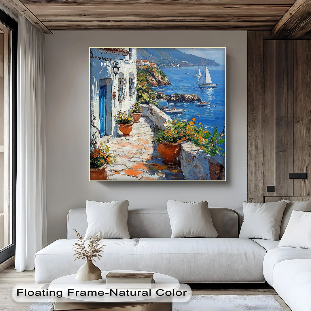 Mediterranean Stroll – Seaside Village Path with Blue Door Canvas Print - MyPhotoStation